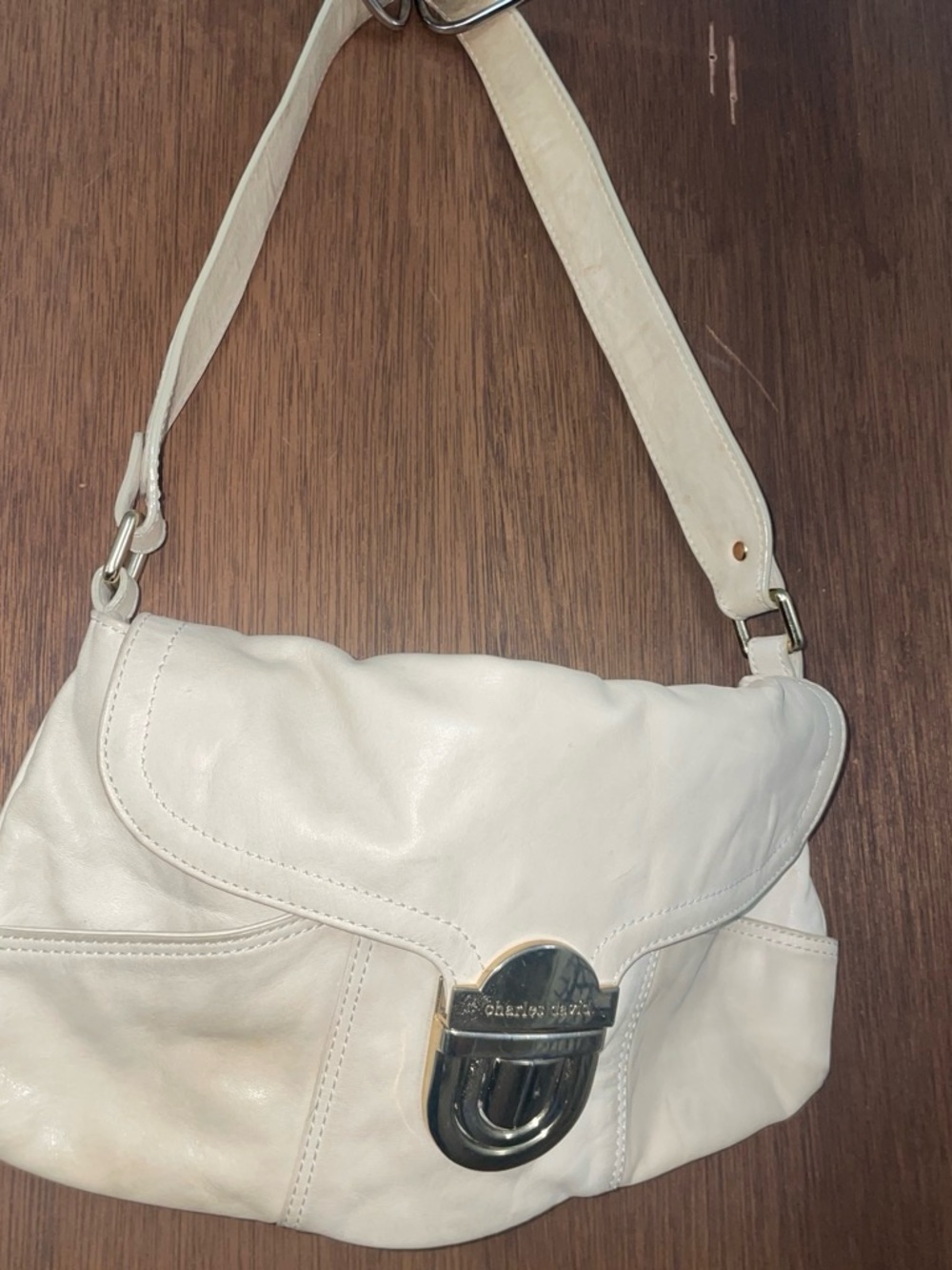 Charles David Cream Leather Shoulder Bag with Silver-Tone Clasp
